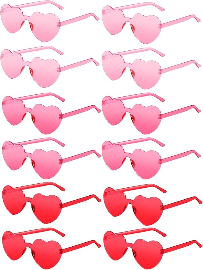 12 Pairs Heart Shaped Sunglasses for Women Colorful Glasses Fun Trendy Transparent Heart Sunglasses Party Favor (Pink Series)