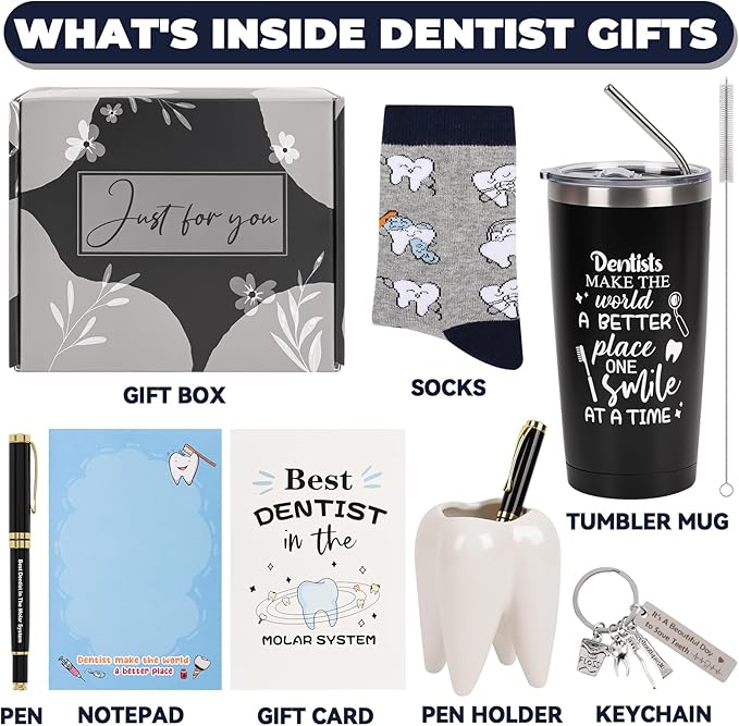 Dentist Gifts for Men Unique Dental Assistant Gifts Funny Dental Hygienist Gift Including Tumbler Mug Socks Badge Reel Holder Makeup Bag Keychain for Birthday Christmas