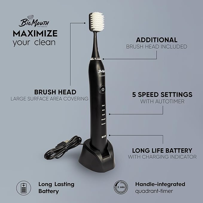 Dr Bobbi Big Mouth Electric Toothbrush for Adults | Ultrasonic Rechargeable Tooth Brush with 5 Cleaning Modes & 2-Minute Smart Timer | Extra Electric Toothbrush Heads Included | Black