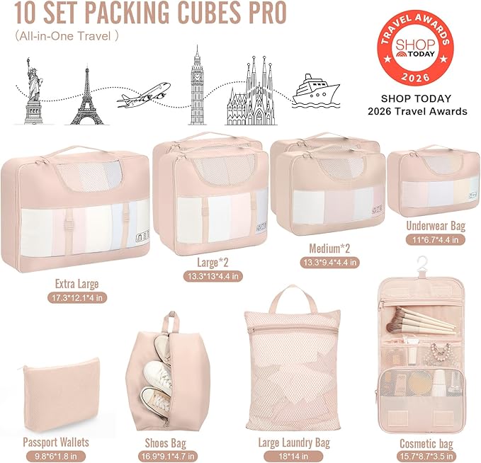 Veken 10 Set Packing Cubes for Travel, Beach Vacation Essentials Accessories for Cruise Ship, Suitcase Organizer Bags for Luggage with Toiletry Bag & Passport Holder, Birthday Gifts for Women Mom Her