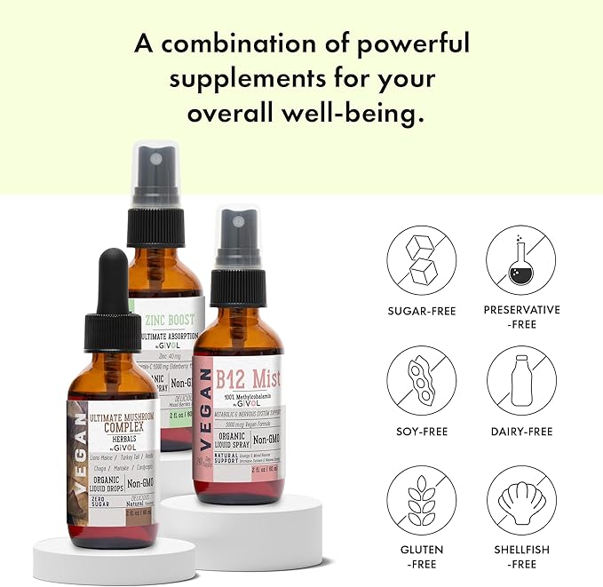 Cognitive Wellness Bundle Liquid Vitamin Trio: Methylcobalamin B12, Lions Mane, Reishi, Chaga Mushroom Complex & Zinc Picolinate: Gluten-Free, Sugar-Free, Non-GMO - 360 Days Supply