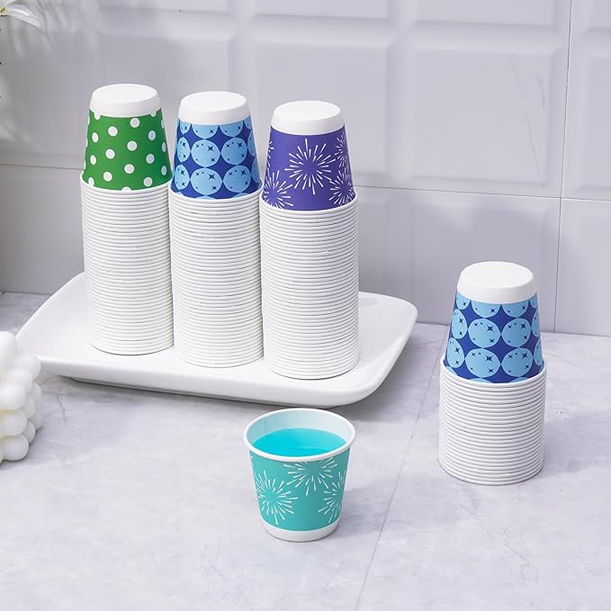 Tamone 600 Pack 3 oz Paper Cups, Small Bathroom Cups, Disposable Cups, Mini Paper Cups Dot Design, Red, Green, Yellow Mouthwash Cups for Party, Picnic, BBQ, Travel, Home and Event