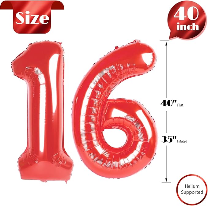 16 Balloon Number, Red Number 16th Birthday Balloons 40 Inch, Sweet 16 Years Old Red Birthday Decorations for Boys Girls, 16th Anniversary Decorations