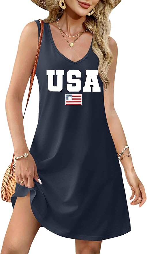 LHBNK 4th of July Dress for Women: American Flag Tank Dresses Star Striped Splicing Loose V Neck Sundresses