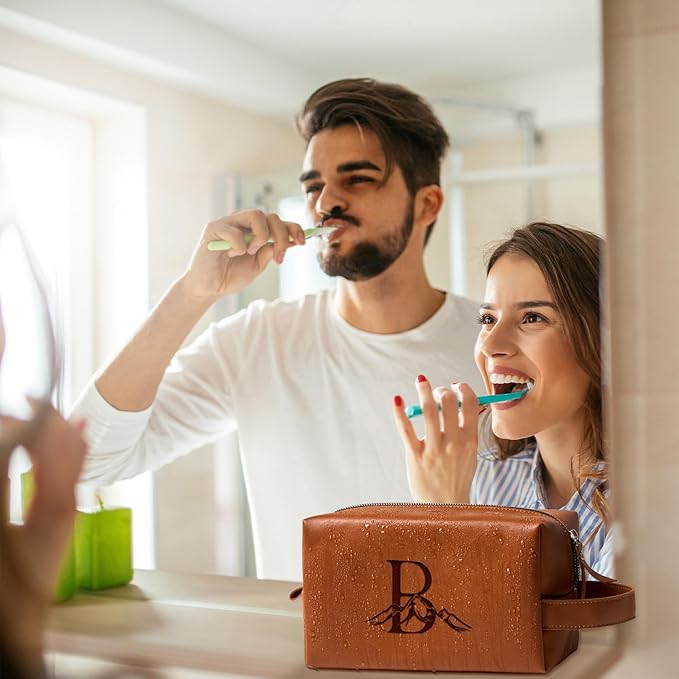 Personalized Gifts Travel Toiletry Bag for Men Engraved Initial PU Leather Waterproof Shaving Bag for Toiletries Accessories Fathers Day Birthday Gift for Men Dad Husband Son, Light Brown H