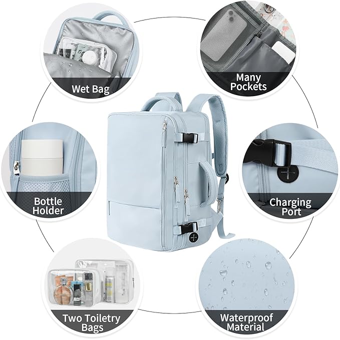 Hanples Large Travel Backpack for Women, 35L Carry on Luggage Backpack,17 Inch Laptop Backpack with USB Charging Port, Waterproof Casual Bag Gift for Men with 2 Toiletry Bags (Light Blue)