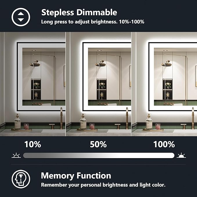 40x30 Inch LED Bathroom Mirror with Lights (Front Lit and Backlit) Black Framed Lighted Vanity Mirror for Bathroom Wall Dimmable Anti-Fog Memory Tempered Glass Horizontal/Vertical