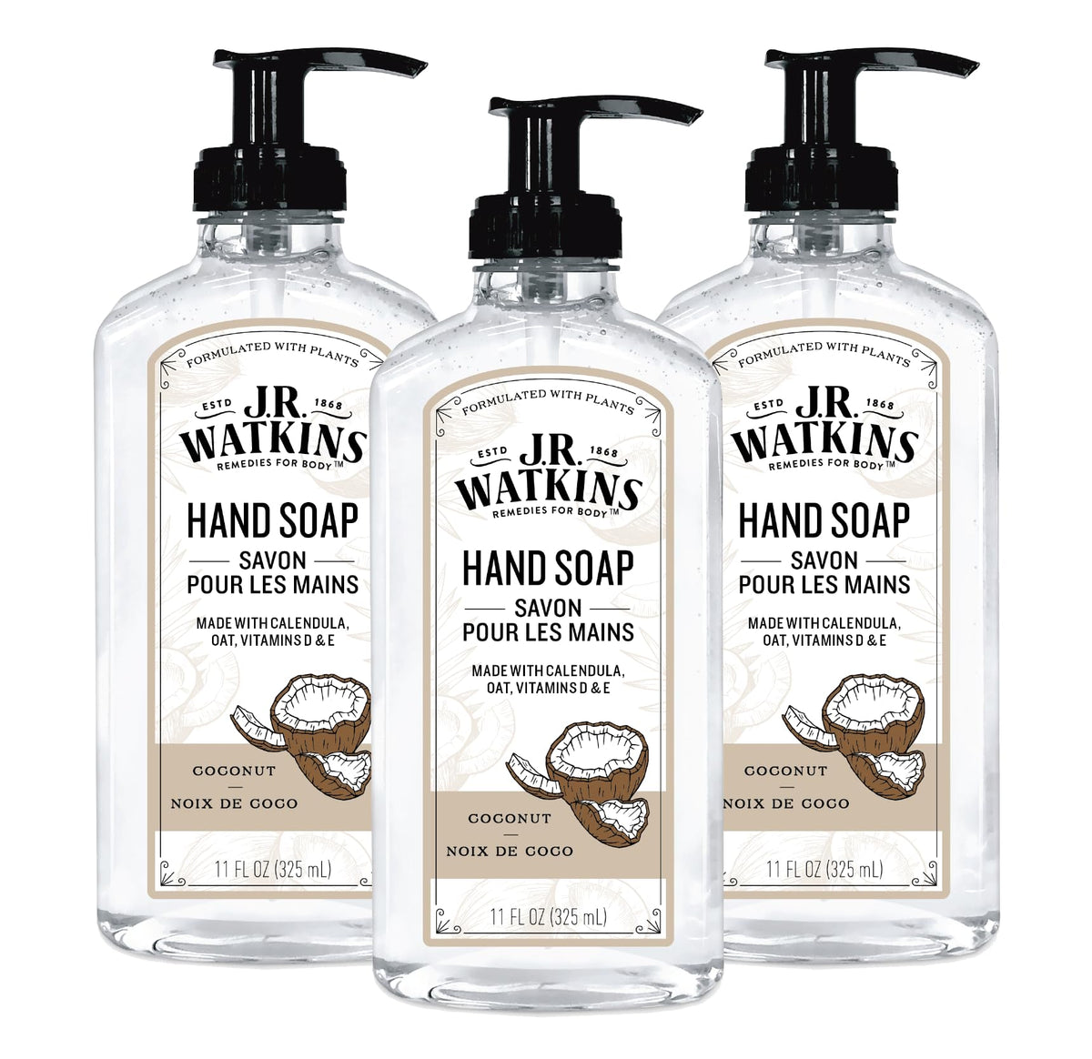 J.R. Watkins Gel Hand Soap, 3 Pack of 11 Fl Oz, Coconut