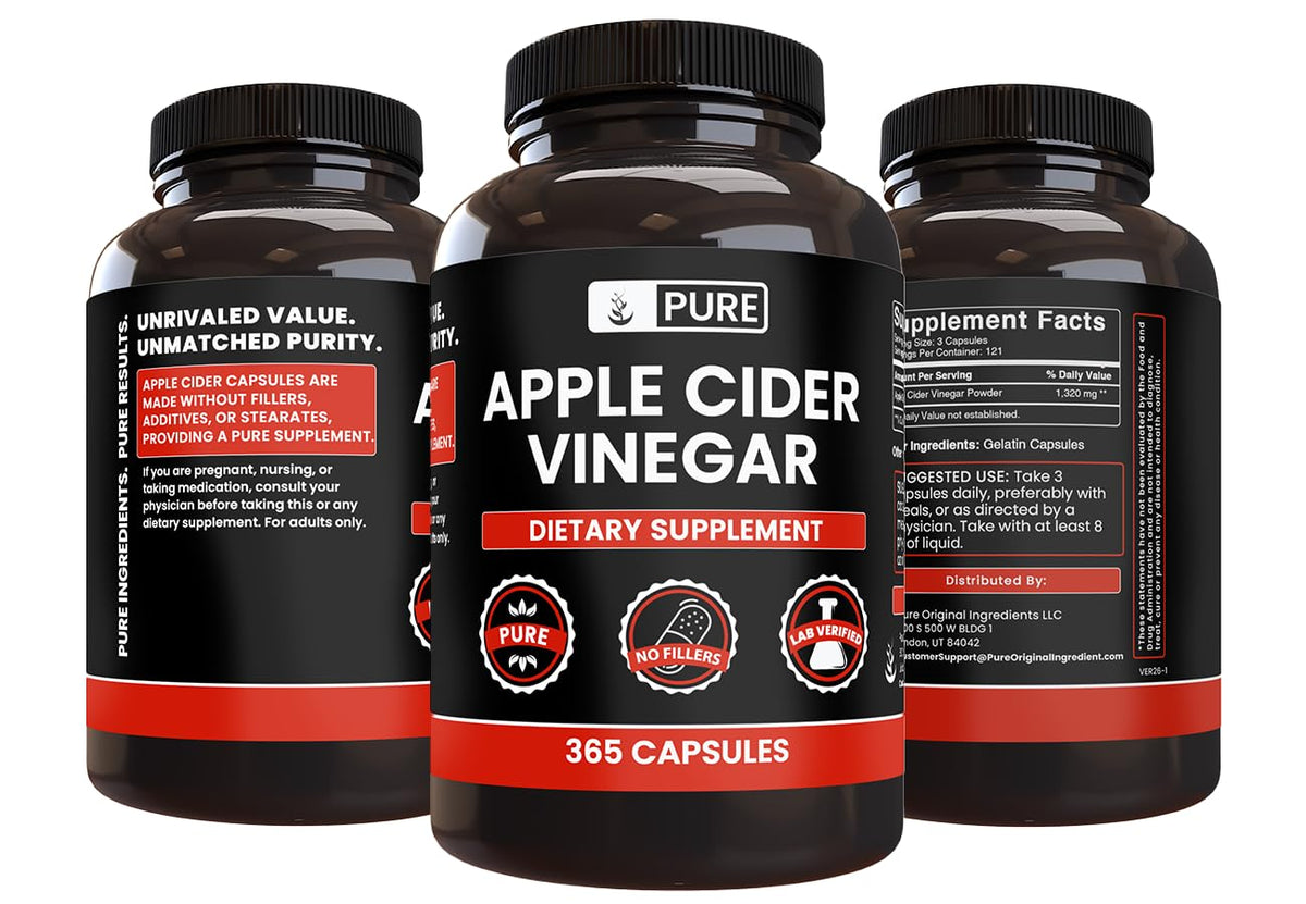 Pure Original Ingredients Apple Cider Vinegar (365 Capsules) No Magnesium Or Rice Fillers, Always Pure, Lab Verified
