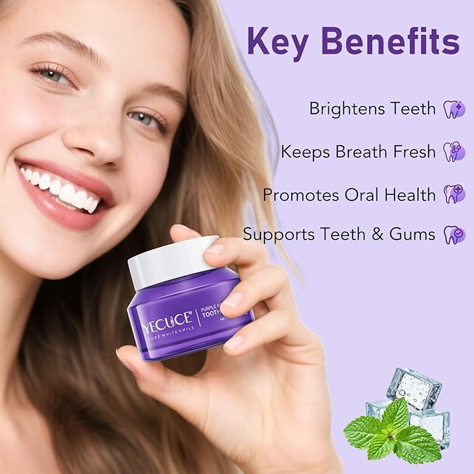 Teeth Whitening Powder, Teeth Whitening, Whitening Toothpaste Power, Removes Stains, No Sensitivity, Breath Freshener, Mint Flavor Purple Brightening Powder 30g