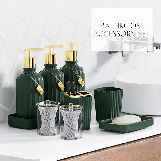 32PCS Bathroom Sets with Shower Curtain and Rugs-Dark Green Bathroom Accessories,Non Slip Bathroom Rugs Set with Toilet Lid Cover, Waterproof Shower Curtain, 3PC Soap Dispenser with Trash Can