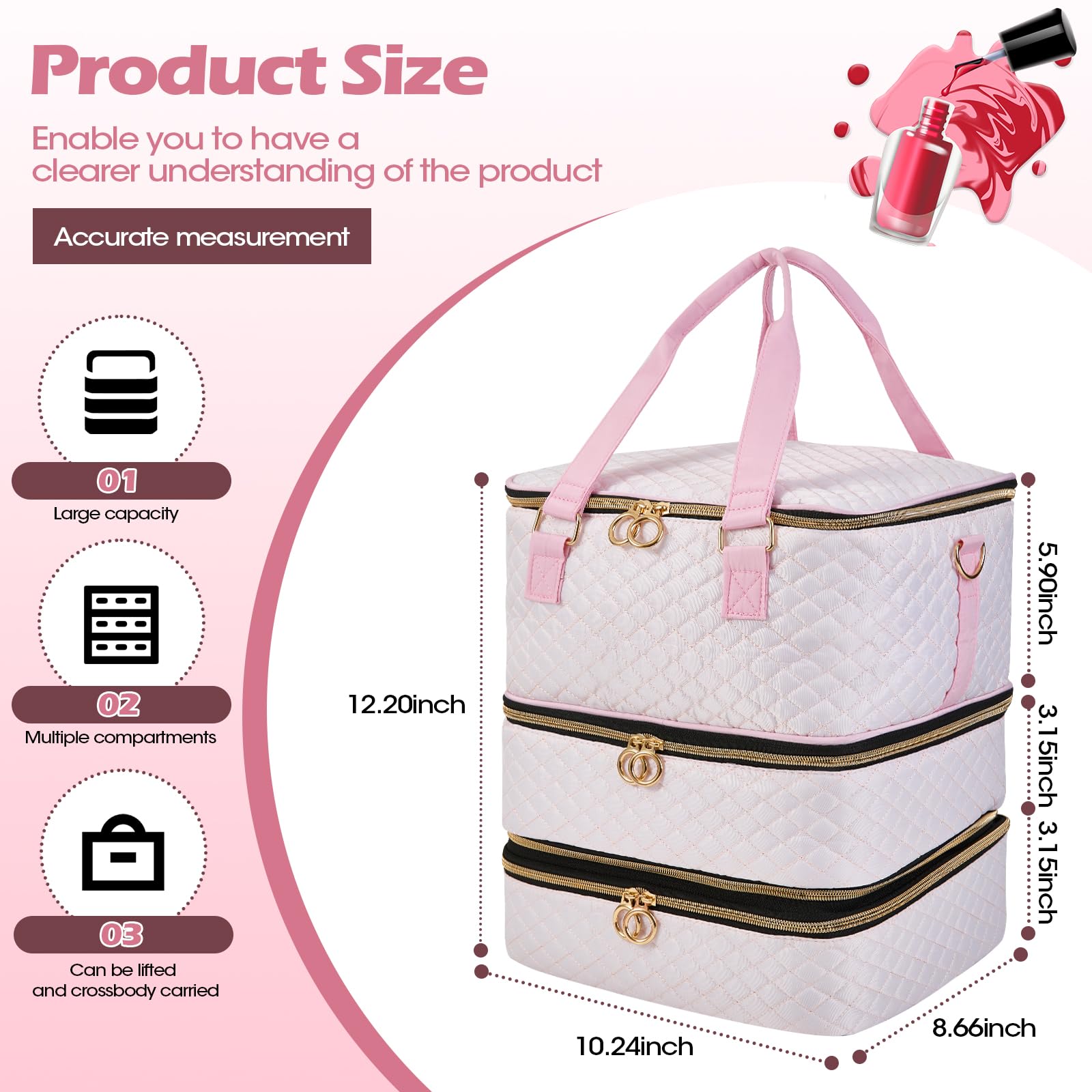 Cheungren Nail Polish Organizer Case - Three Layer Nail kit Storage Bag with Adjustable Dividers Holds 84 Bottles Nail Polish Nail Lamp Nail Kit Supplies Organizer Box - Pink
