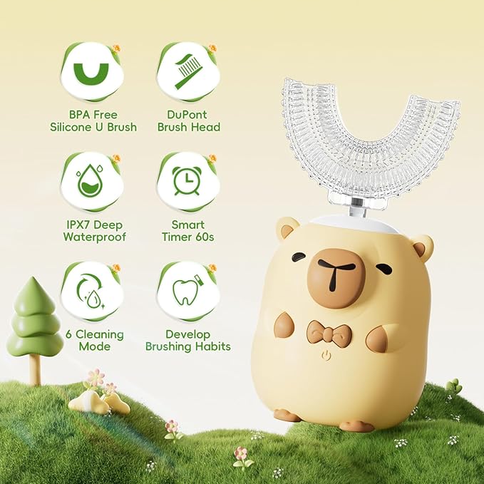 Kids Electric Toothbrush U Shaped - Cartoon Capybara with 6 Brush Heads Full Mouth Degree Cleaning Sonic Toddler Automatic Toothbrush with IPX7 Waterproof (Capybara 2-14 Years)