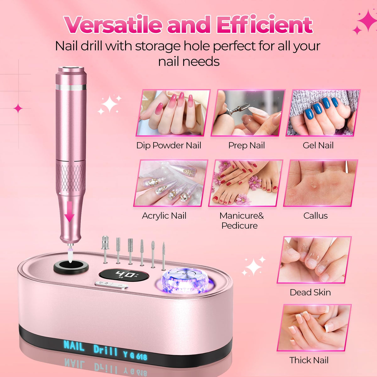 GOLEEXU Nail Drill Electric File: 40000RPM Professional E File Kit E File Machine Filer for Shaping, Buffing, Removing Acrylic Gel Nails, Manicure Pedicure Kit with 12Pcs Nail Bits, Home Salon Use