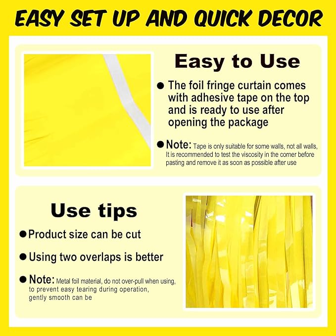 6 Pack Macaron Yellow Foil Fringe Curtains Backdrop, 3.28 x 8.2 Ft Metallic Streamers Tinsel Curtains Background for Photo Booth, Birthday, Christmas, Halloween, New Year Party Decorations