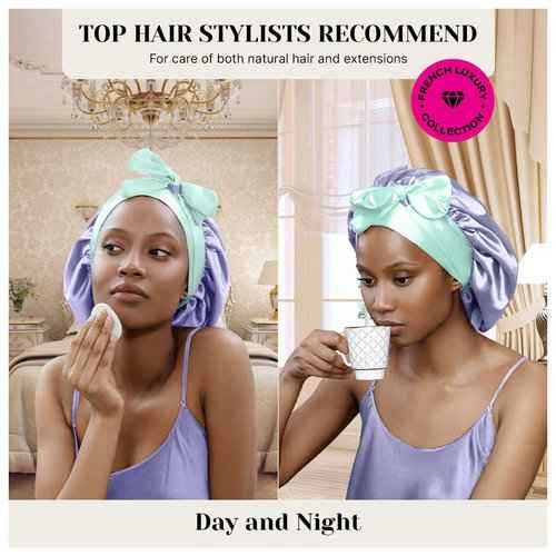 100% Mulberry Silk Bonnet for Curly Hair - Double Layer Silk Hair Wrap – Non-Slip Silk Turban Gift Idea - Reversible Hair Silk Bonnet for Sleeping Women - Silk Cap for Sleeping - Wonder Loop - 2 Pack
