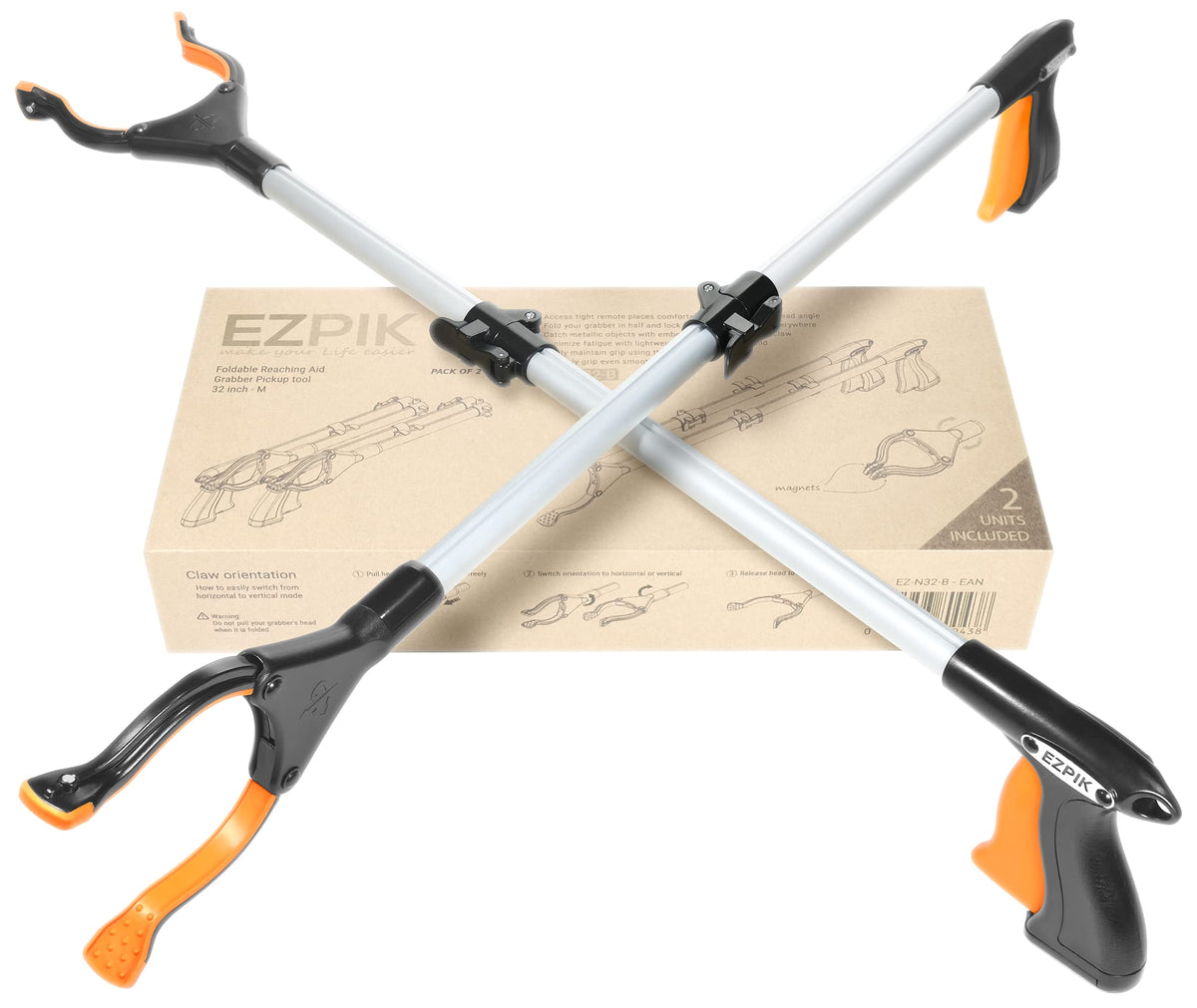 EZPIK® Grip Aid Tool Grabber Reacher + Magnets - Grabbers for Seniors, Trash Picker Upper Grabber - Trash Grabber Tool- Reacher Grabber Pickup Tool (Silver, 32″ (Pack of 2))