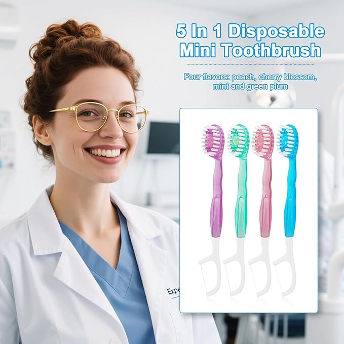 5 in 1 Mini Toothbrushes with Toothpaste, 26Pcs Toothbrush & Floss, All in one Oral Care on The go, 5 in 1 mini Brush, Toothpaste and Floss, Disposable Travel Toothbrush, 3 Set