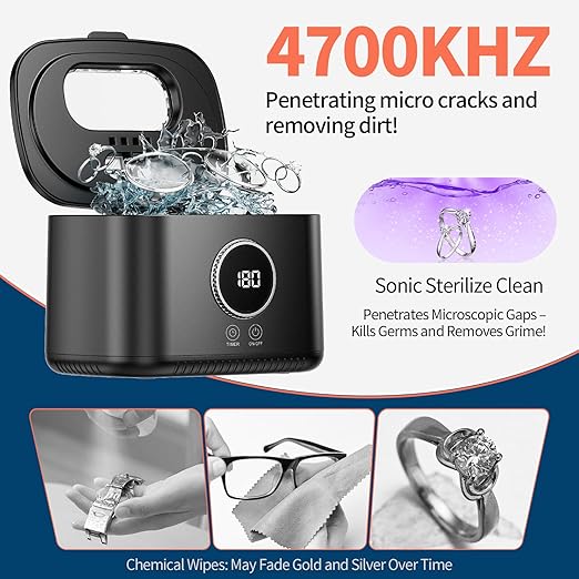 Ultrasonic Jewelry Cleaner, 47kHz Ultrasonic Retainer Cleaner Machine, 600ml Dental Cleaning Pod with 5 Modes, Dual Brush Ports and U-V Lights, Digital Timer for Eyeglasses, Rings, Watch Strap