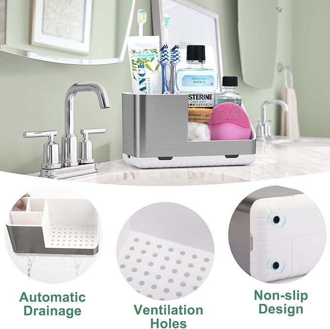 Toothbrush Holders for Bathroom Countertop Organizer, Brushed Nickel Tooth Brush Holder, Kids Electric Toothbrush and Toothpaste Holder with Drainage (Brushed Silver)