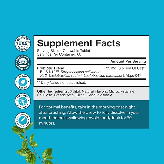 Oral Probiotics for Teeth and Gums - Minty Fresh BLIS K12 Oral Probiotics for Mouth Bad Breath Dry Mouth and Dental Health Support with 3 Billion CFU - Chewable Xylitol Lozenges Mint Flavor (3 Pack)