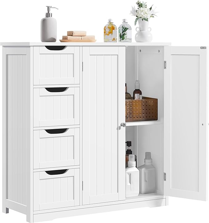 Yaheetech Wooden Bathroom Floor Cabinet, Side Storage Organizer Cabinet with 4 Drawers & Double Doors, Freestanding Entryway Storage Unit Console Table, Bathroom Furniture Home Decor, White
