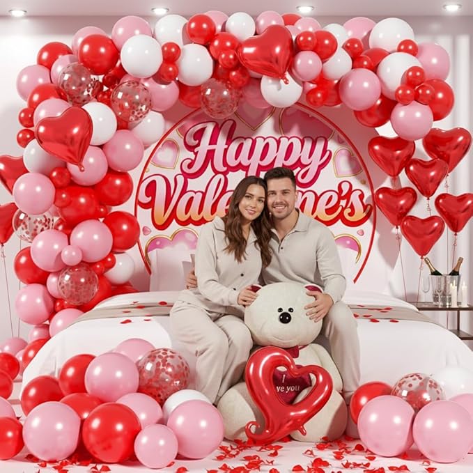 Valentines Day Balloons Garland Arch Kit - 147Pcs Different Size Red Pink White and Confetti Balloons with Heart Foil Balloon for Valentine's Day Galentine's Day Anniversary Party Decorations