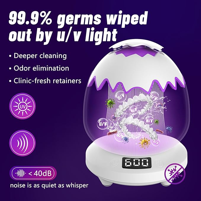 Ultrasonic Retainer Cleaner Machine for Dentures | 45kHz Dental Cleaning Pod for Aligner, Nightguard, Braces, Jewelry, Watch, 3 Timer Modes - with Cooling Fan & Removable Base Moonlight White