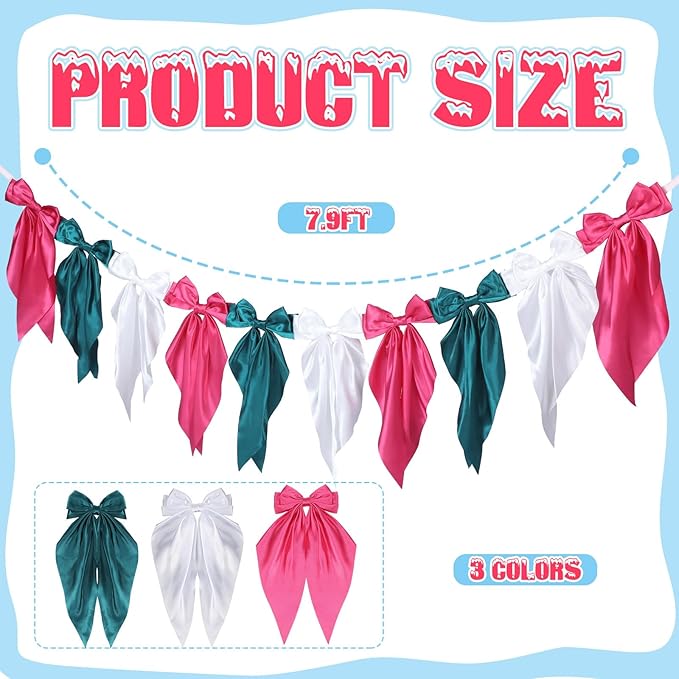 VitalCozy 1 PCS Christmas Bow Garland Banner, Satin Ribbon Hanging Party Bow Garland Decoration for Holiday Birthday Party Supplies
