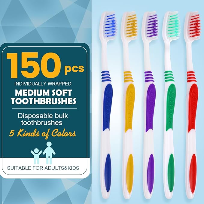 Navona 150 PCS Premium Individually Wrapped Bulk Toothbrush Pack, Disposable Toothbrushes, Kids Toothbrush, Medium Soft Bristle Toothbrushes, Ergonomics Handle, Perfect for Travel Hotel Donation