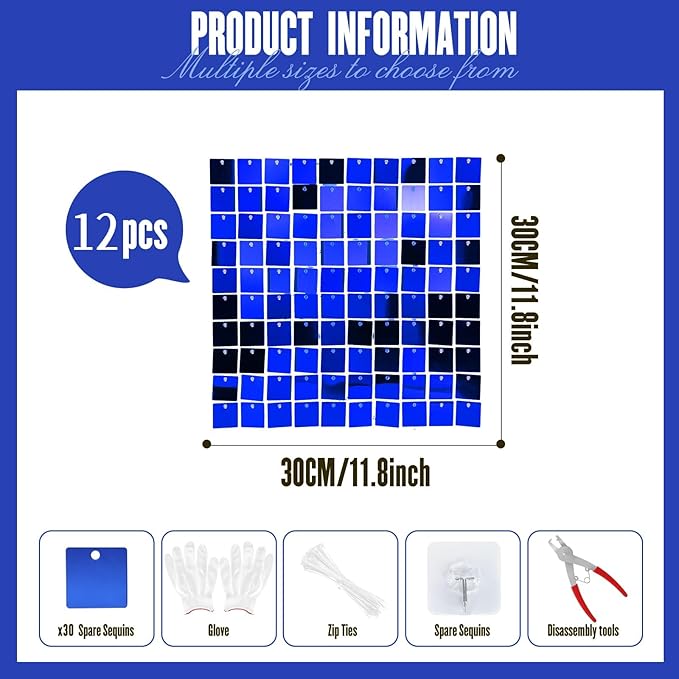 Shimmer Sequin Wall Backdrop Panels, 12pcs DIY Party Decor for Wedding, Birthday, Graduation, Anniversary, Engagement, Holiday & Home Decoration (Blue)