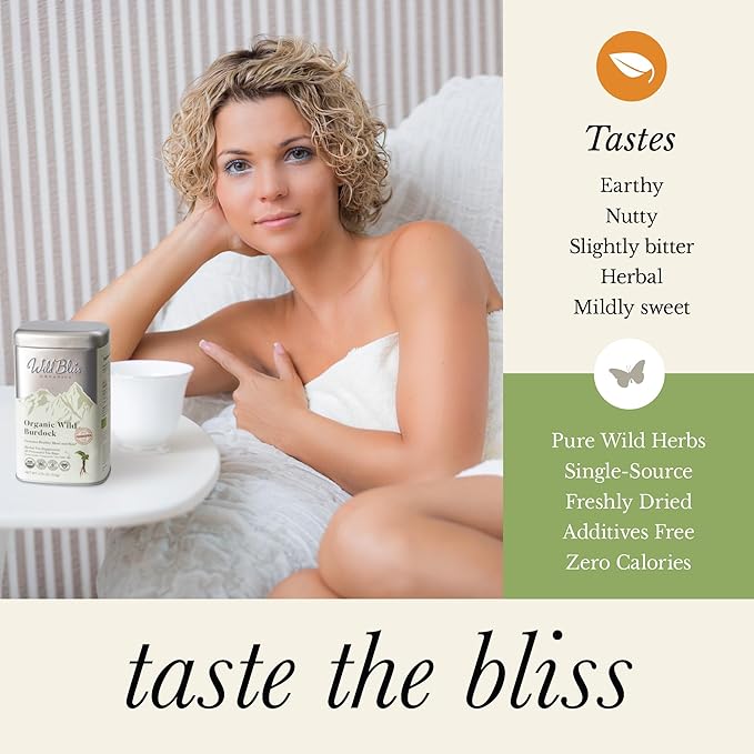 Wild Bliss Organic Burdock Root Tea - Caffeine Free Herbal Detox Support - Pharmacopoeia Quality - 25 Plant Based Tea Bags