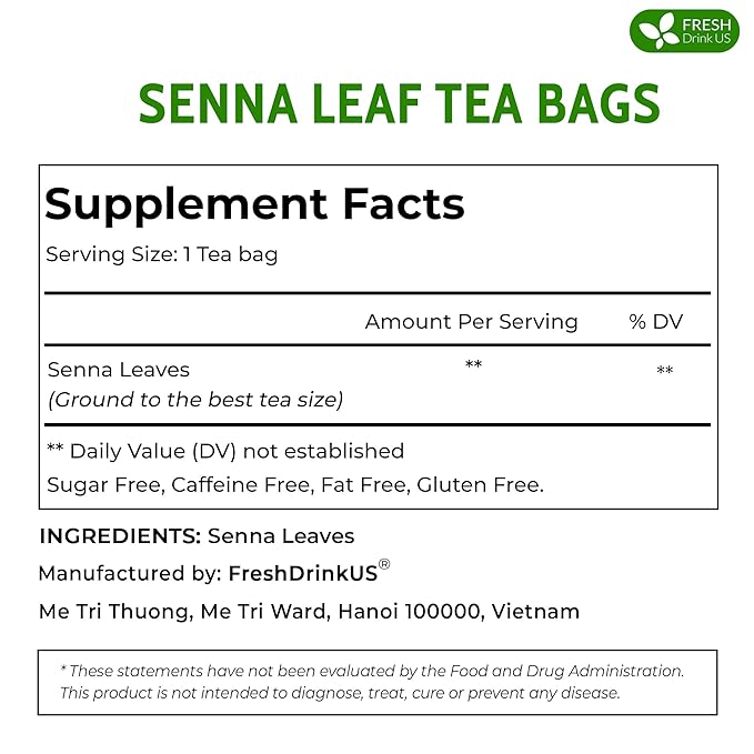 FreshDrinkUS, Premium 55 Senna Leaf Tea Bags, 100% Natural & Pure from Senna Leaves. Loose Leaf Senna Herbal Tea, Made with Natural Material Tea Bags, Senna Leaf Tea. No Sugar, No Caffeine, No Gluten, Vegan.