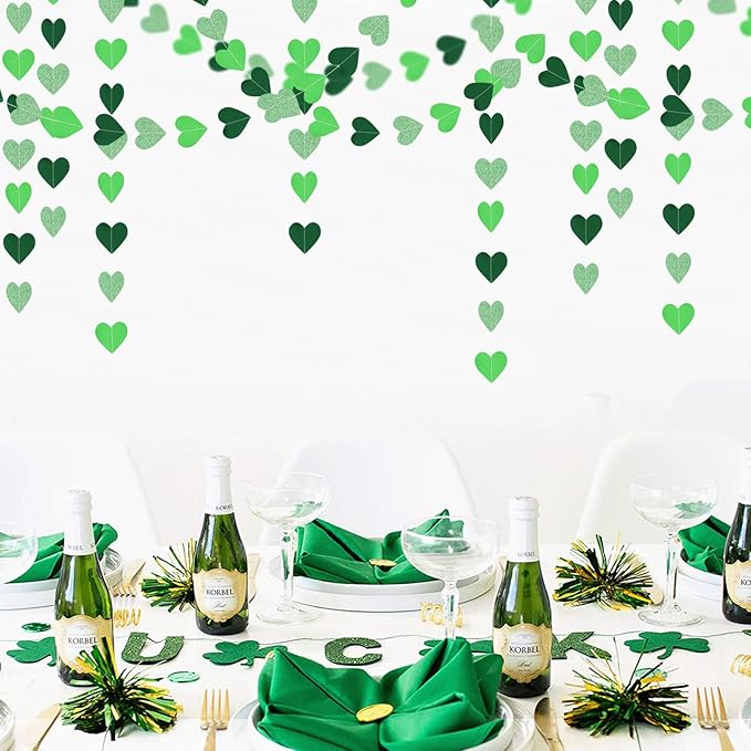 Green Party-Decorations Heart Paper-Garland Streamers-Banner - 52Ft St Patricks Day Decorations, Spring Summer Birthday Wedding Engagement Baby Shower Hanging Decor Ouruola