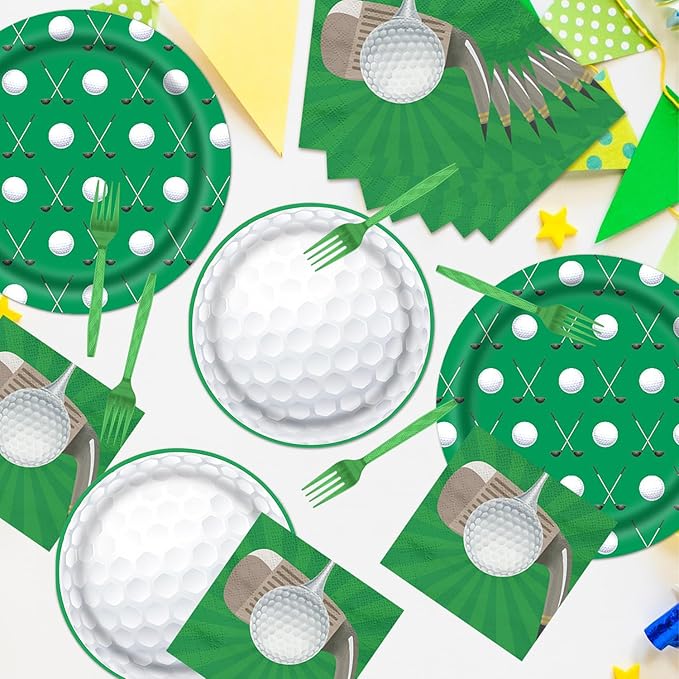 Rakuto Golf Party Plates Napkins, 64PCS Golf Party Decoration Supplies Tableware Set, Disposable Paper Plates Napkins Forks Birthdays Supplies(16 Guests)