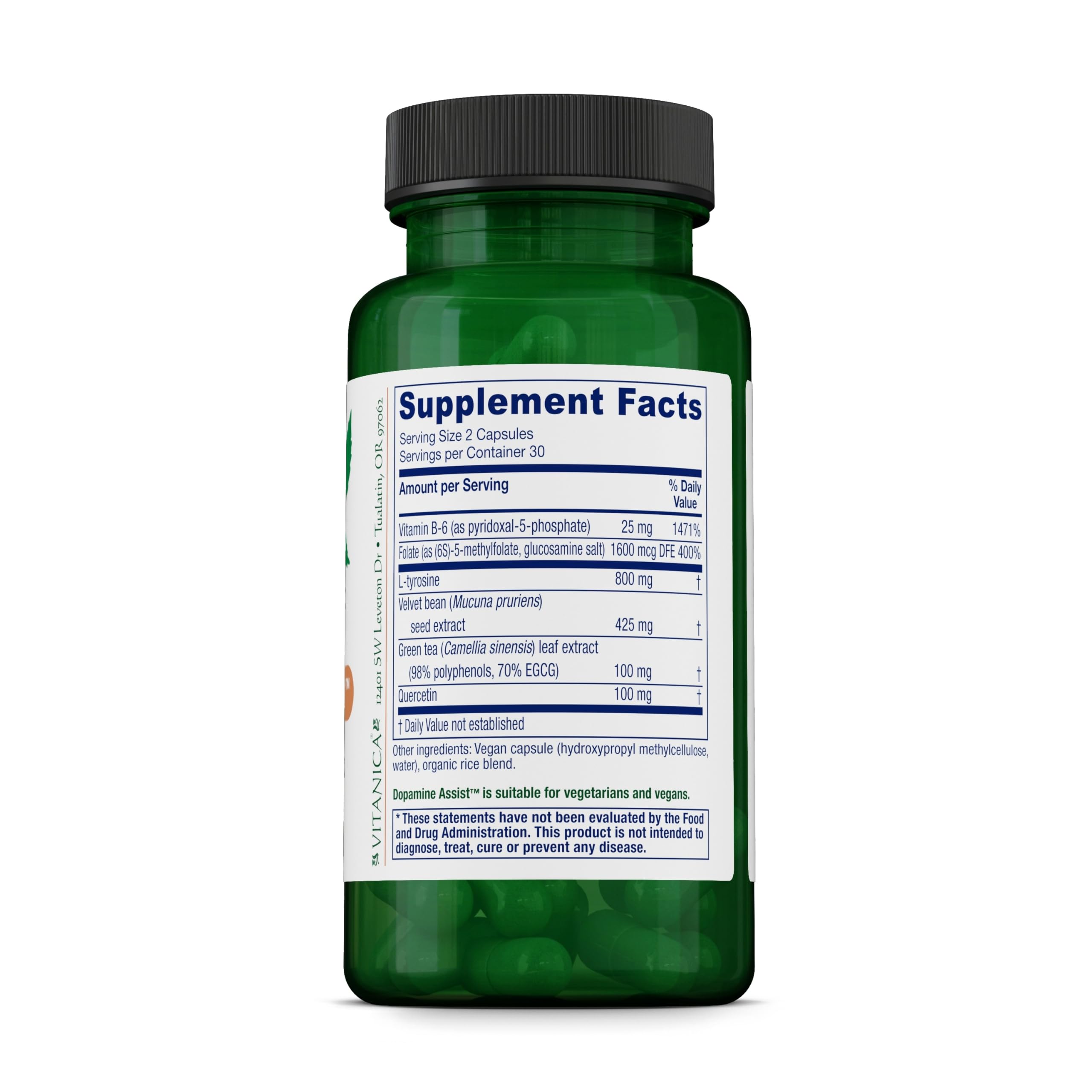Vitanica Dopamine Assist - Neurotransmitter Support Supplement with Green Tea & Tyrosine & Vitamin B6 - Supplement with Mucuna Pruriens & Folate - Vegan - 60 Capsules