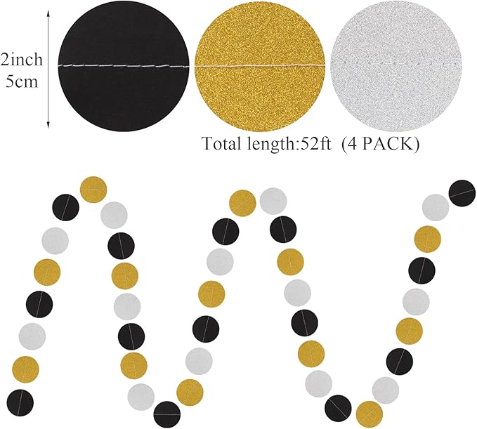 Silver Black Gold Party Decorations - 52Ft Paper Streamers Garland Banner Birthday New Years Eve Retirement Graduation Anniversary Classroom Office Hanging Decor Supplies