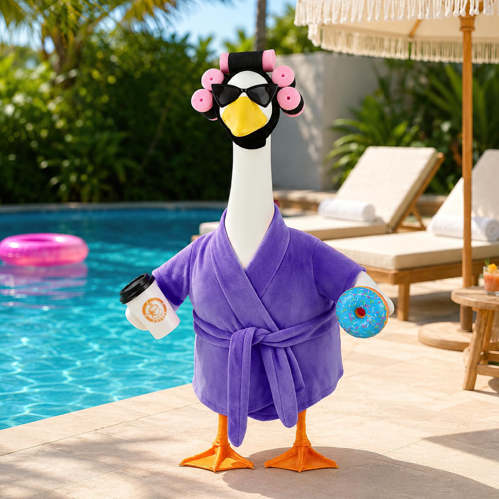 Porch Goose Outfits, Bathrobe Goose Outfit with Curlers Sunglasses Coffee Cup Donut, Hawaiian Beach Vacation Style Goose Clothes for 23'' Goose Statue, Lawn Yard Garden Patio Pool Party Decor (Purple)