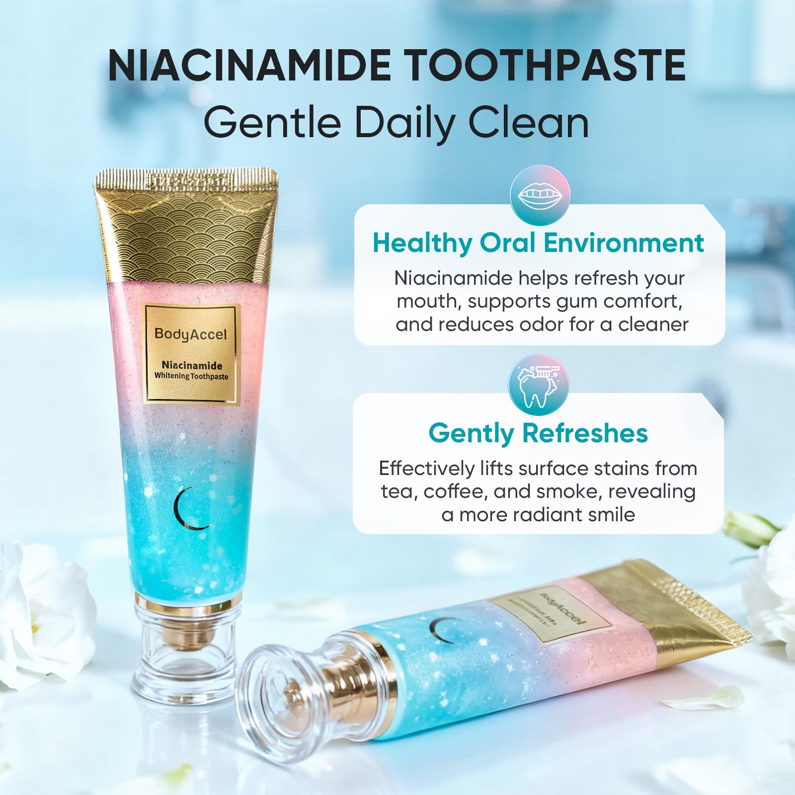 BodyAccel Niacinamide Whitening Toothpaste, Niacinamide Intensive Whitening Toothpaste with Natural Gentle Care Deep Stain Removal Clean Peach Flavor, Improves Gum Health, Fresh Breath (1)