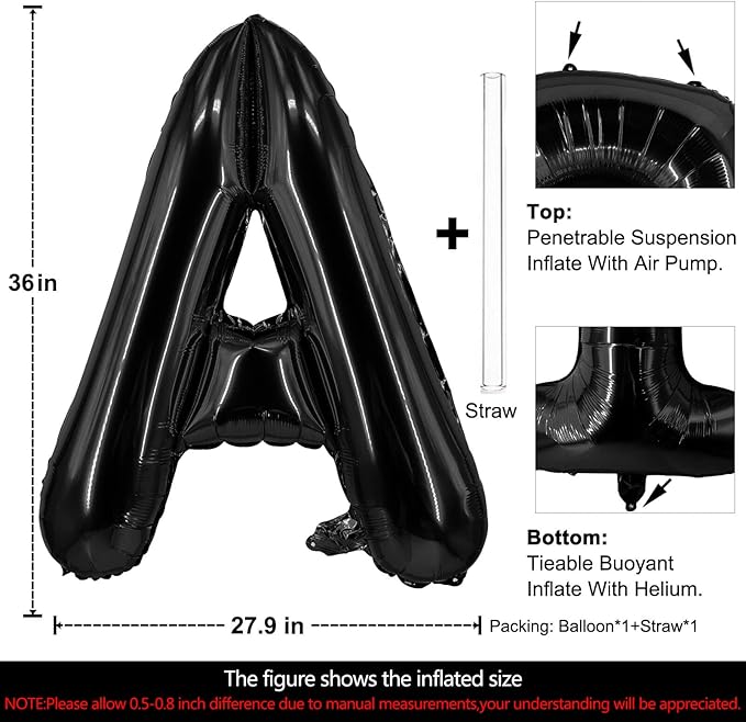 Lovoir 40 Inch Large Black Letter A Balloons Big Size Jumbo Mylar Foil Helium Balloon for Birthday Party Celebration Decorations Alphabet Black A