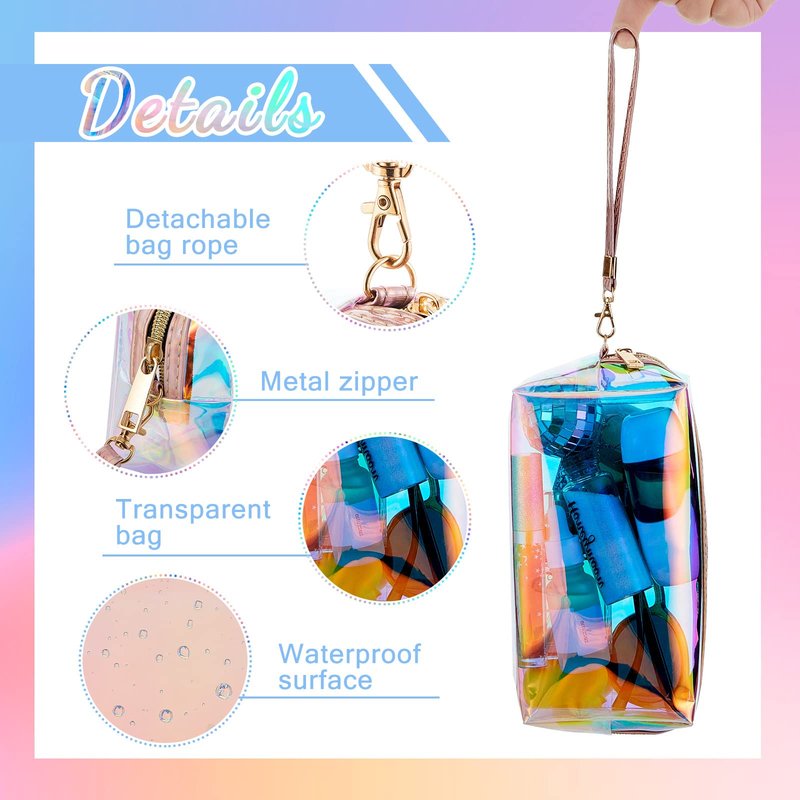 Dunzy 8 Pcs Holographic Iridescent Clear Makeup Bags with Zipper Travel Cosmetic Pouches with Wrist Loop Waterproof Toiletry Organizer Case Home Office Beach Pouch Purse Diaper Vacation Gift Bag(M)