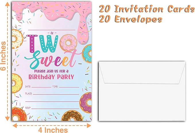 Donut Sweet Two Birthday Party Invitations, 20-Count Donut 2nd Birthday Party Invites With Envelopes-HBYQK-B47