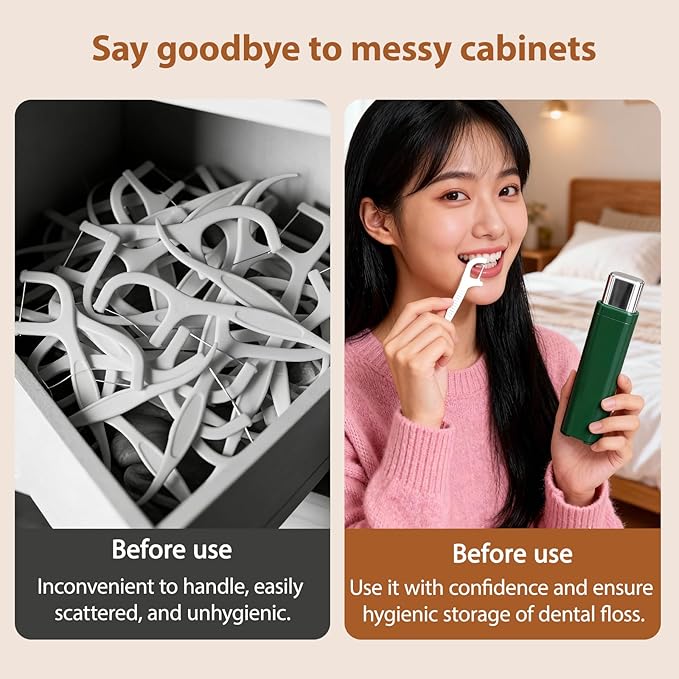 Portable Dental Floss Case,Automatic Dental Floss Pick Case,Refillable Floss Organizer with 100 Picks,Dentals Flosss Pick Cases for Cleaning Teeth and Oral Care (Green)