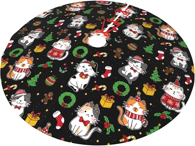 Funny Cats Christmas Tree Skirt, 30 Inch Xmas Tree Mat for Holiday Party Home Decor Indoor Outdoor Use with Adorable Cat Designs 48"