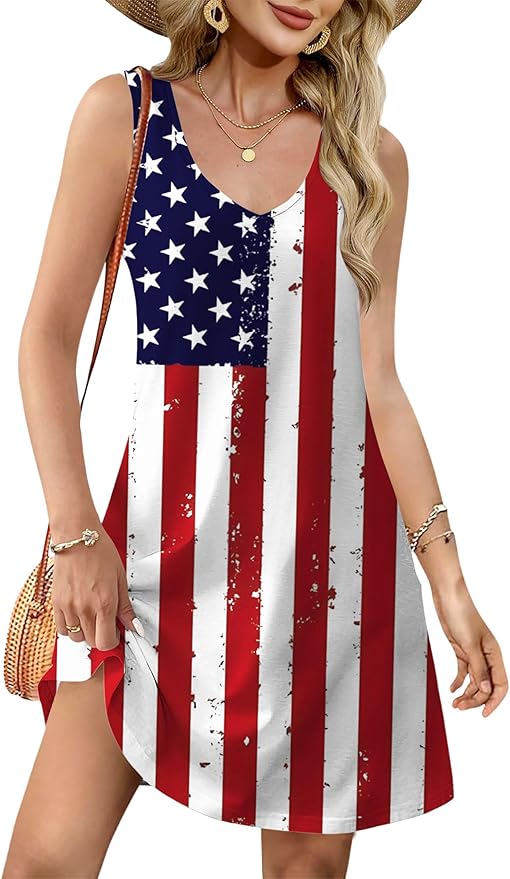 LHBNK 4th of July Dress for Women: American Flag Tank Dresses Star Striped Splicing Loose V Neck Sundresses