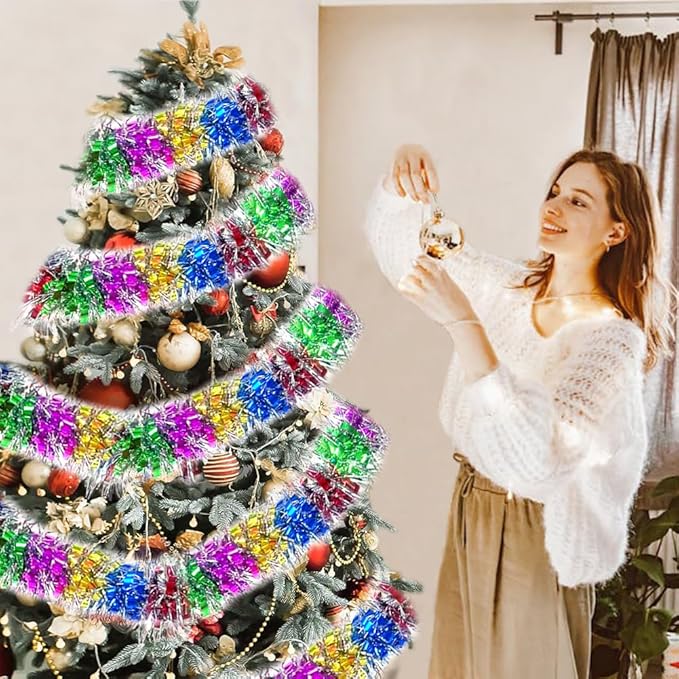 33Ft Long Tinsel Twist Garland Shiny Thick Metallic Foil Xmas Tree Decorations for Birthday Party Christmas New Year Parties Parade Floats and Other Holidays Hanging Decor Supplies-(Colours+White)