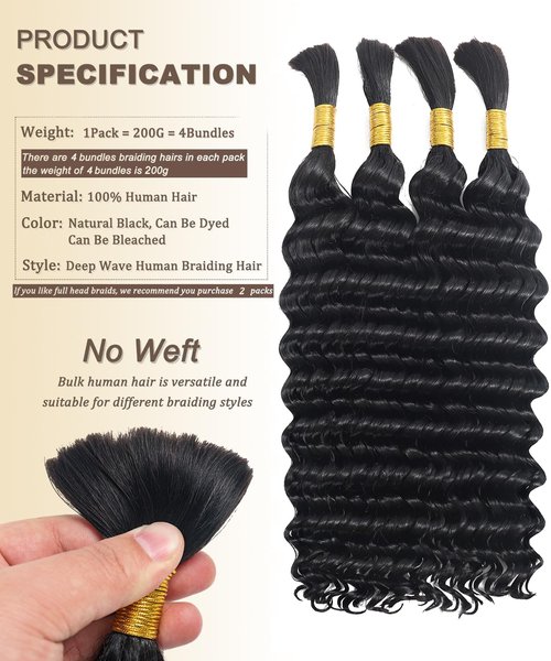 Bulk Human Hair for Braiding - 12A Curly Human Hair Bundles for Black Women - 20 inch, Deep Wave, No Weft, Boho Braids - 100% Unprocessed Brazilian Virgin Human Hair Extensions - Beauty Youth