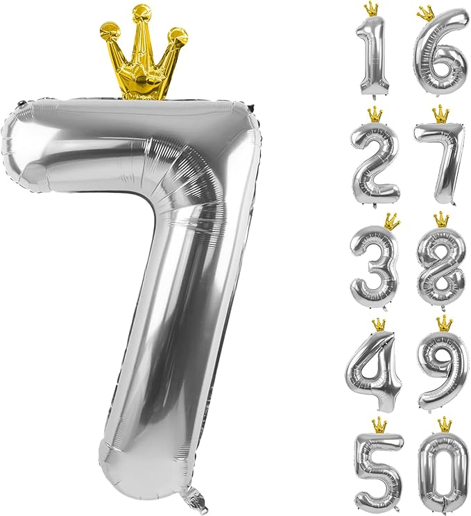 Silver Number 7 Balloon with Crown, 40 inch Silver Number Balloon 7th Birthday Party Decoration Silver Crown Balloons 0-9 for Birthday Party Anniversary Decorations Supplies