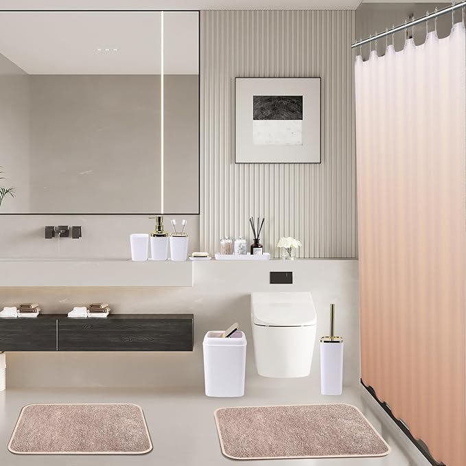 Bathroom Accessory Set–Bathroom Set with Shower Curtain and Rugs, No Slip Bathroom Rugs Super Absorbent,White Ombre Waterproof Shower Curtain with Hooks, White Bathroom Sets Complete for Home