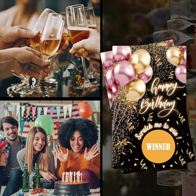 Haizct 50 Pack Black Gold Birthday Party Scratch Off, Black Gold Glitter Balloons Scratch Card for Birthday Partys Lottery Group Game Party Raffle Tickets, Bridal Shower Bachelor Game